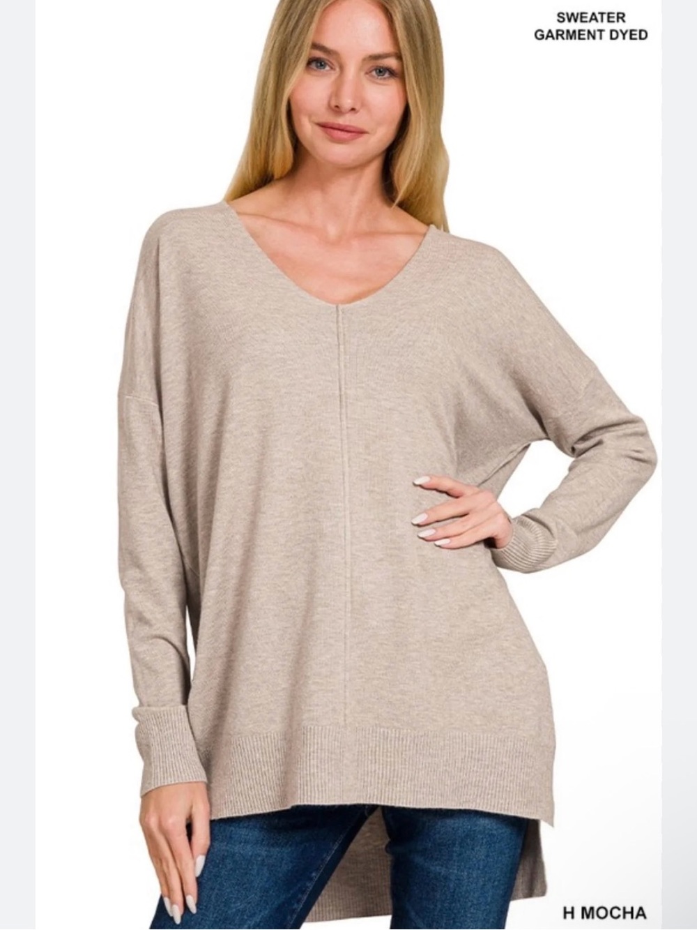Zenana Premium Taupe V Neck Tunic Sweater